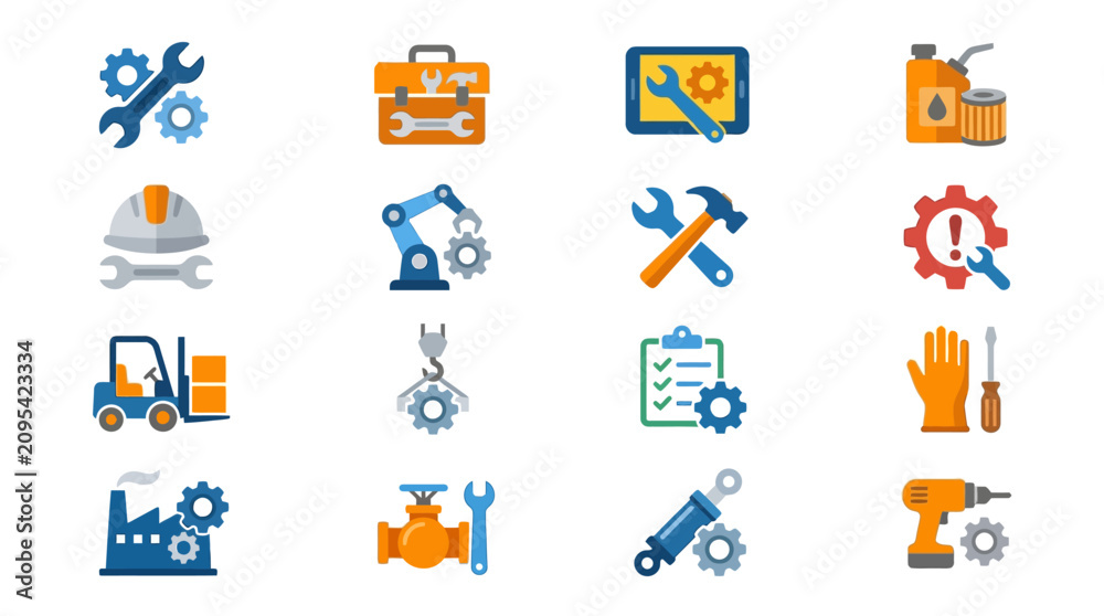 Fototapeta premium Colorful flat icons of industrial tools and machinery.