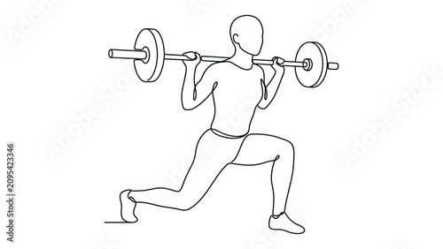 Continuous one line drawing of a person doing barbell lunges