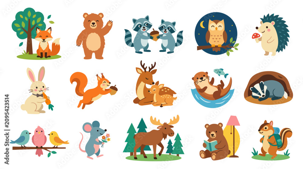 Obraz premium Cute Woodland Animals Vector Set, Flat Illustration Style