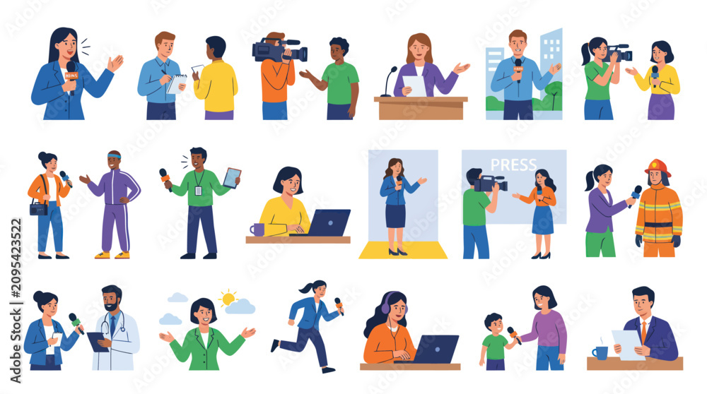Fototapeta premium Flat Vector Illustration Set of Journalism and Media Professionals, Reporters, and News Broadcasters
