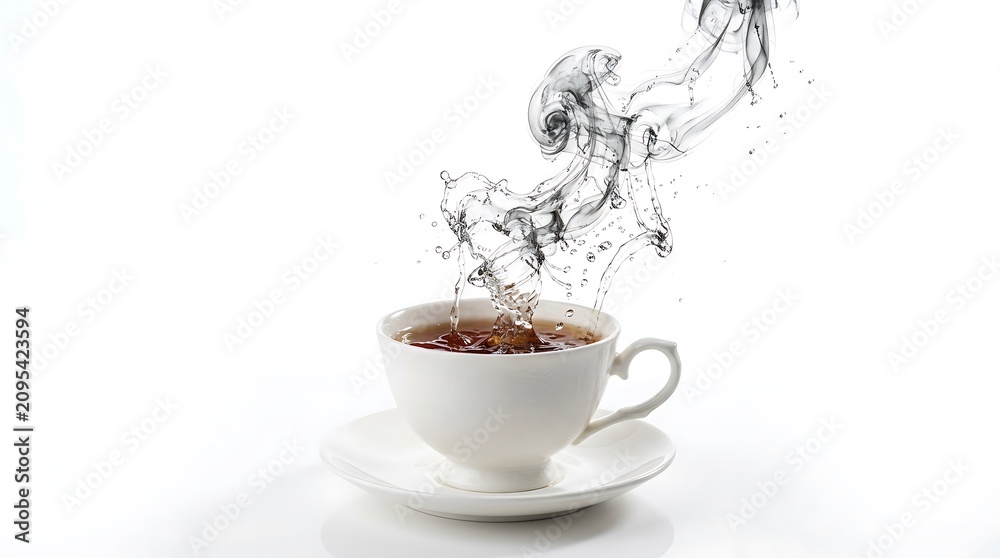 Fototapeta premium Coffee cup, steaming hot coffee, white ceramic cup, saucer, rising steam