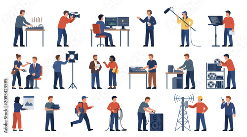 Flat Vector Icons of Media Production Team and Equipment Set
