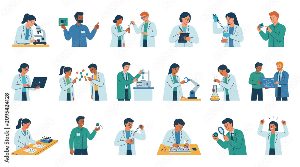 Fototapeta premium Flat Style Science and Research Flat Icons of Scientists Working in Lab