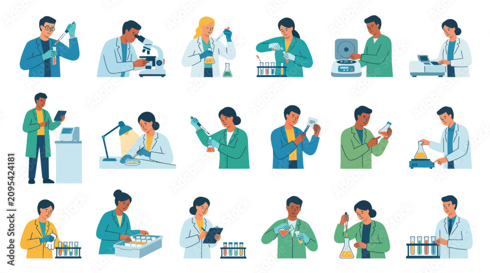 Fototapeta premium Flat Illustration of Scientists in Laboratory Working with Equipment