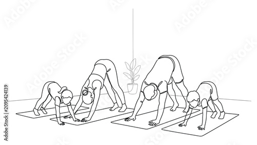 Family practicing downward facing dog yoga pose together in line art style