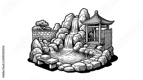 Photography Japanese garden with pagoda and waterfall