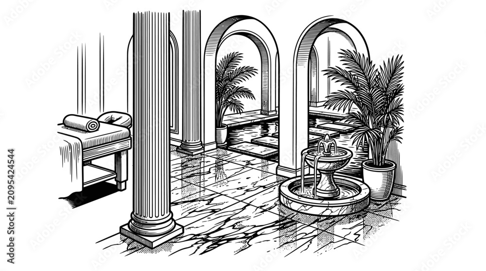Obraz premium Luxury spa interior with columns and fountain illustration.