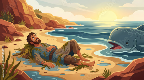 Man washed ashore after being swallowed by a large fish, biblical scene