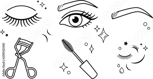 Eyelash Extensions and Eye Makeup Line Icon Set for Beauty Salon Cosmetic Branding