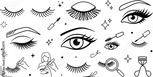Eyelash Extensions Training and Lash Makeup Line Icon Set for Beauty Salon Services