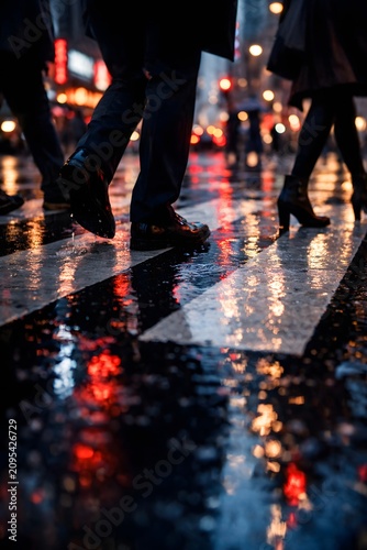 Low angle view of city commuters crossing a rain soaked crosswalk at dusk with neon reflections and cinematic atmosphere