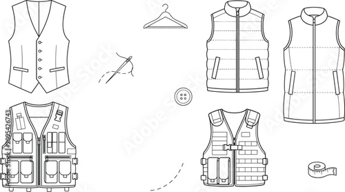 Schilderij op canvas Fashion Male Vest Waistcoat Puffer Gilet and Tactical Utility Technical Line Art