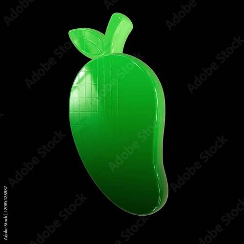 Rotating green glossy mango fruit animation on a black background