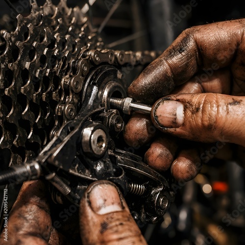 Macro shot of a mechanic's hands adjusting a bicycle gear with visible chain, grease stains and dramatic garage lighting