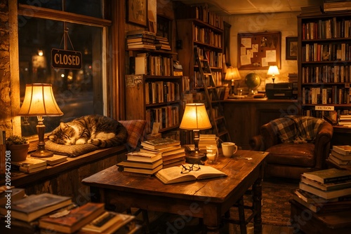 Wide angle interior of a cozy independent bookstore at closing time with warm lamp light and a sleeping cat on the windowsill