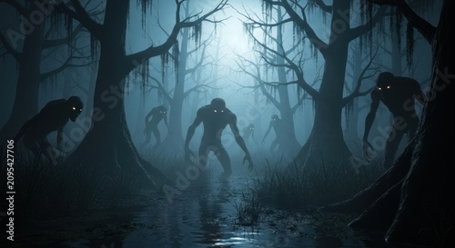 Creepy monster figures in dark forest.