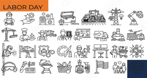 Konstfotografi Workplace occupations and industrial labor day line icon set with industry