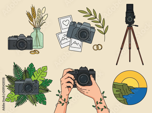 Canvastavla Minimalist Photography Illustration Set: SLR Cameras, Floral Accents, and Vintag