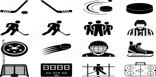 Photography Set of flat ice hockey icons featuring equipment, players, referee, rink, and ga