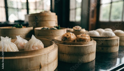 Foto Steamed dim sum in bamboo baskets