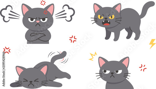 Foto Angry Black Cat Expression Character Set with Grumpy and Furious Emotional Pose