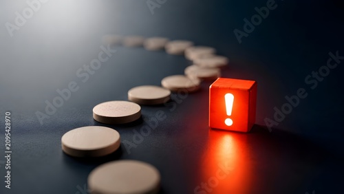 Glowing red cube with exclamation mark at the end of wooden token trail symbolizing business risk management critical alert and strategic problem identification