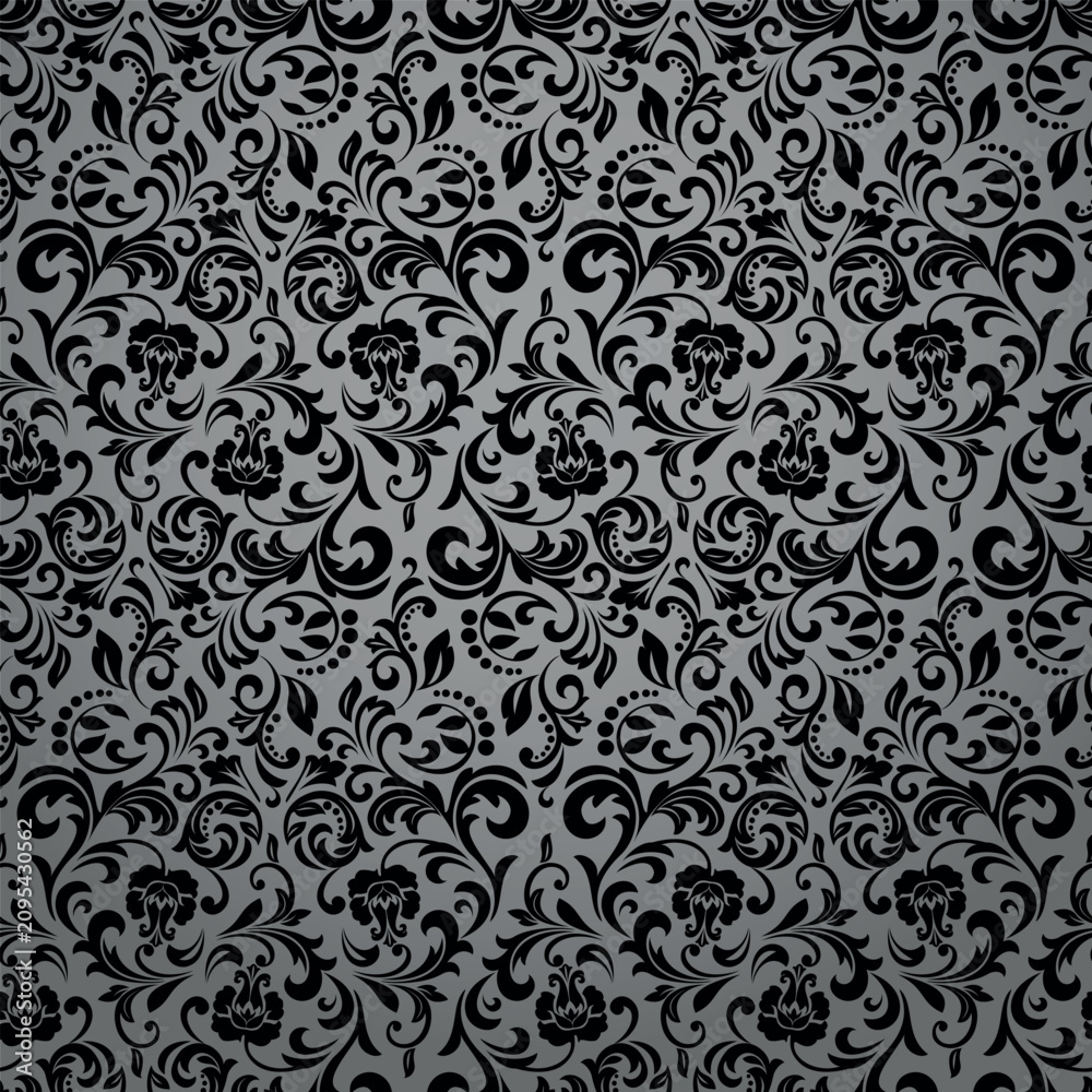 Fototapeta premium Flower pattern. Seamless gray and black ornament. Graphic vector background