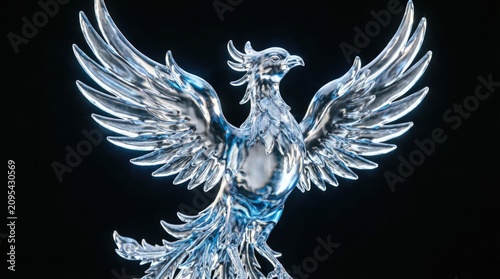 Crystal Phoenix Sculpture with Wings Spread Isolated on Black Background