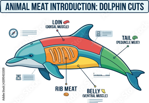 Obraz na płótnie A colorful infographic showing anatomical cuts of a dolphin labeled Loin Rib Mea
