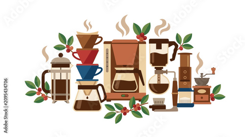 Bild auf Leinwand Set of Coffee Brewing Methods and Equipment Illustration