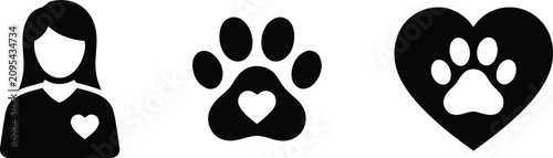Pet lover icons woman with heart paw print and heart shaped paw symbol set