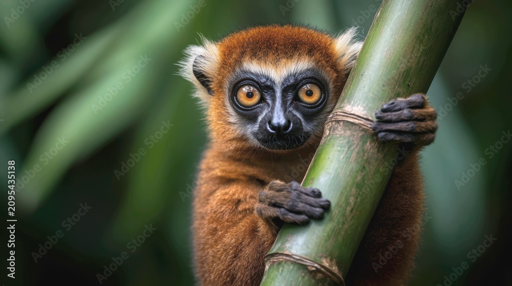 Fototapeta premium wildlife portrait of a rare golden bamboo lemur clinging to a thick stalk of bamboo in a rainforest