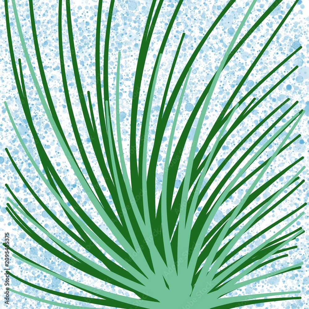 Fototapeta premium Abstract green grass illustration with blue splatter background.
