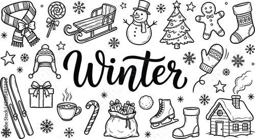 Foto Winter holiday season handdrawn engraving sketch element bundle christmas tree s