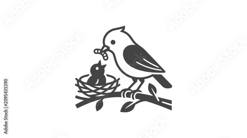 Foto Bird feeding young in nest.