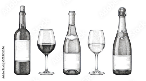 Hand drawn wine bottles and glass set isolated on transparent background