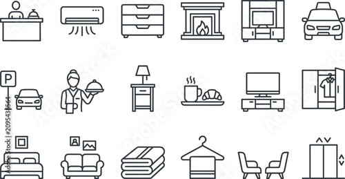 фотографія Hotel room amenities and service outline icon set for travel hospitality website