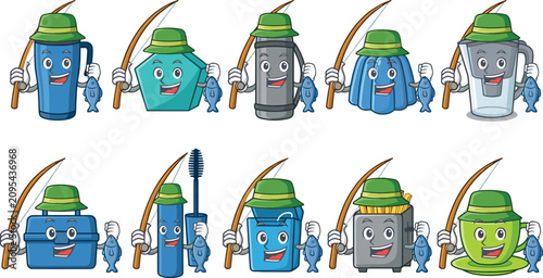 Photos Cute cartoon household objects mascot characters holding fishing rods and caught