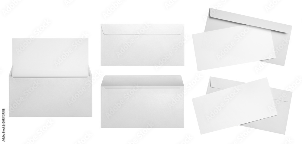 Fototapeta premium Set of white envelopes with blank letter cards, isolated on cutout transparent background