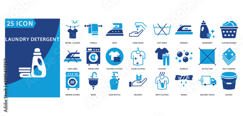 laundry detergent icon set of drying clothes, towels, iron, hand wash, not wash, ironing, detergent, clothes basket, care label, tumble dry, folding clothes, laundry detergent, clean clothes, clothes