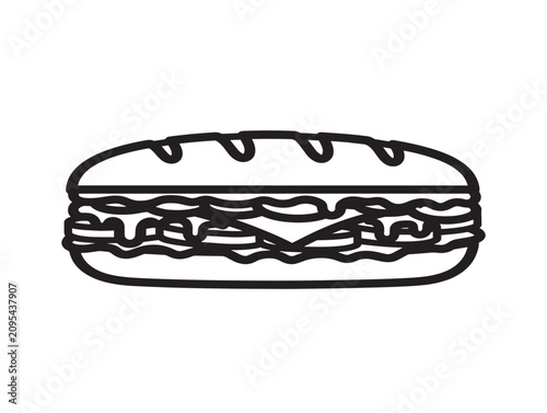 Cheesesteak sandwich icon. Philly steak sub line art. Fast food symbol.