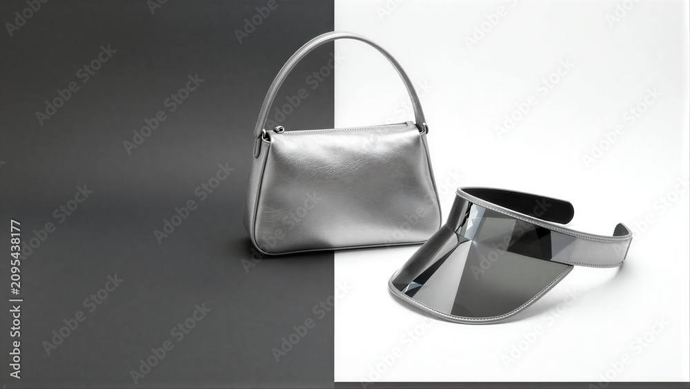 Obraz premium Silver handbag and visor on minimalist black-white background.