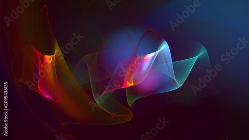 Illustration created as a 3D render without generative AI, abstract quantum energy waves with glowing fractal light background