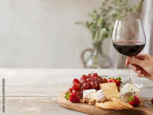Degustación de vino con tabla de quesos y frutas en un ambiente acogedor