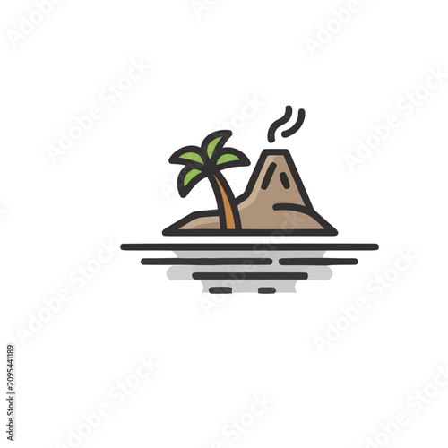 Volcano island with palm tree and smoke