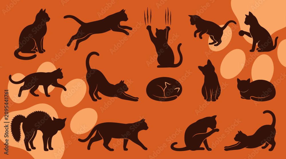 Obraz premium Set of cat silhouettes in various active and resting poses on an orange background with decorative paw prints.