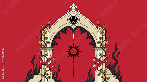 Canvas Print Gothic Archway Occult Illustration with Black Sun, Vines, and Stylized Flames on