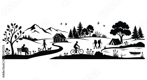Silhouette landscape scene with people and nature elements