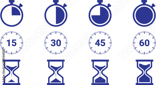 Time icons set stopwatch, timer, hourglass for 15, 30, 45, 60 minutes