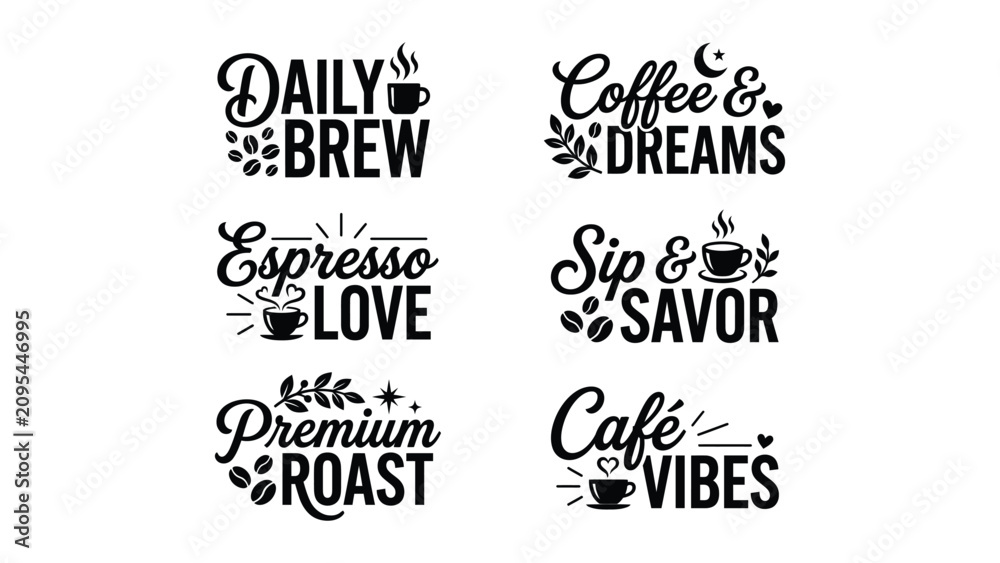 Obraz premium Collection of stylish black calligraphy typography quotes about coffee and espresso for cafe or home brew inspiration